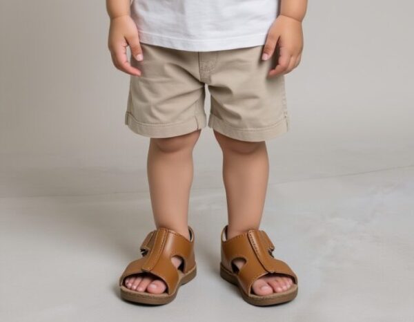 Baby Wearing a Tan Sandal. Happy Baby, Comfortable baby. Comfortable shoes