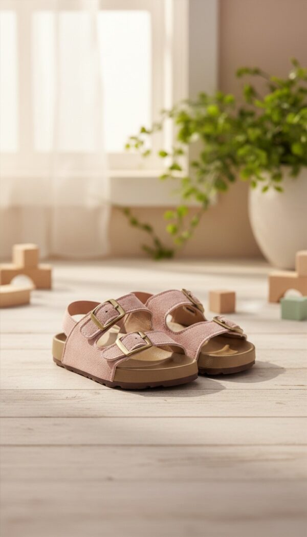 Pink two strap baby sandals with adjustable buckles and soft cushioned sole for comfortable everyday wear
