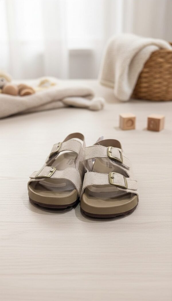 White two strap baby sandals with adjustable buckles and soft cushioned sole for comfortable everyday wear